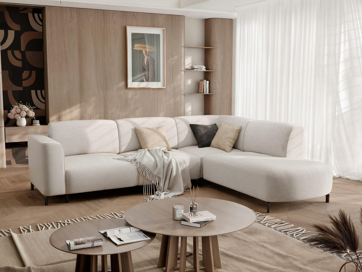 ECKSOFA TORIN Chenille-Stoff in Creme - Creme, Holzwerkstoff/Kunststoff (277/218cm) - Idohome
