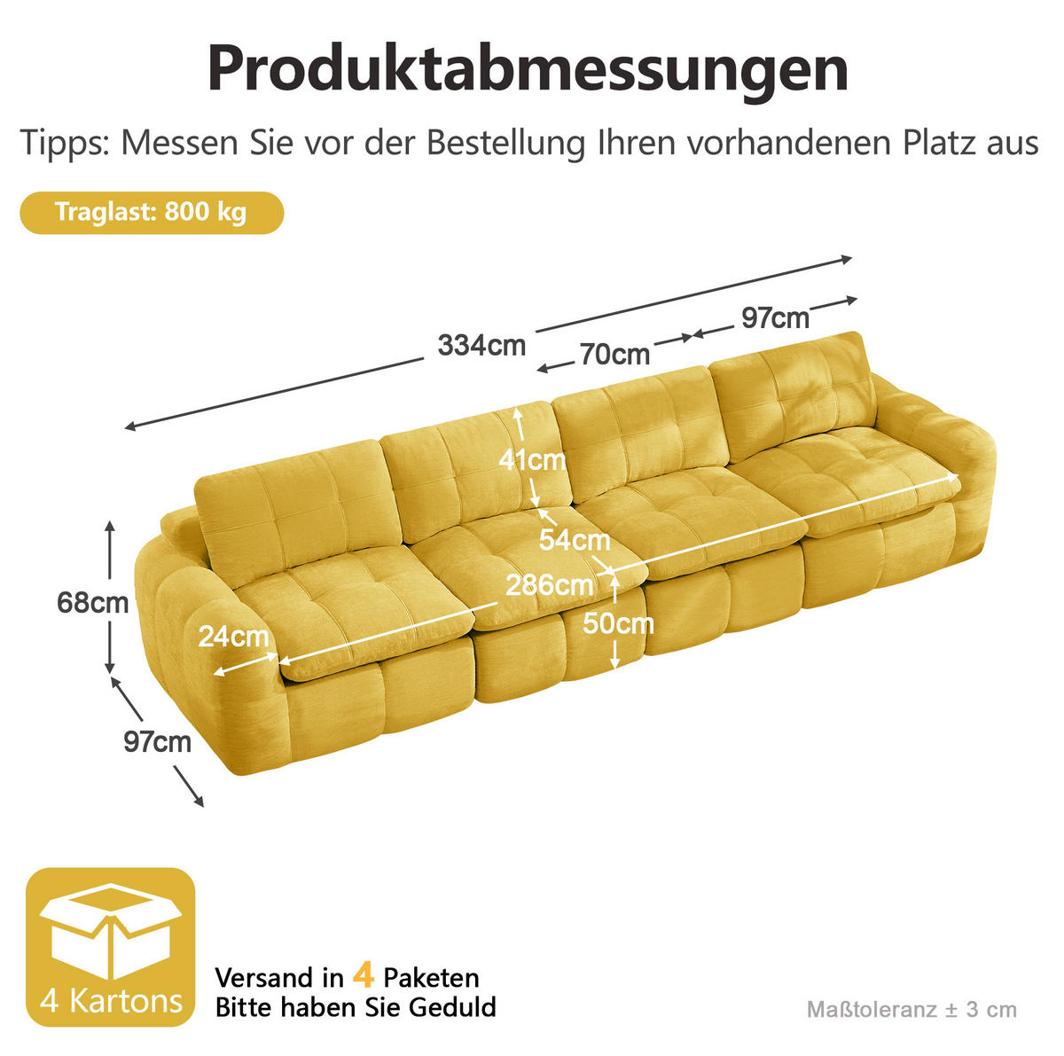 SOFA 334/97/68 cm in Gelb aus Chenille mit hoher Belastbarkeit - Gelb, Textil (97/68/334cm) - Flora Grace
