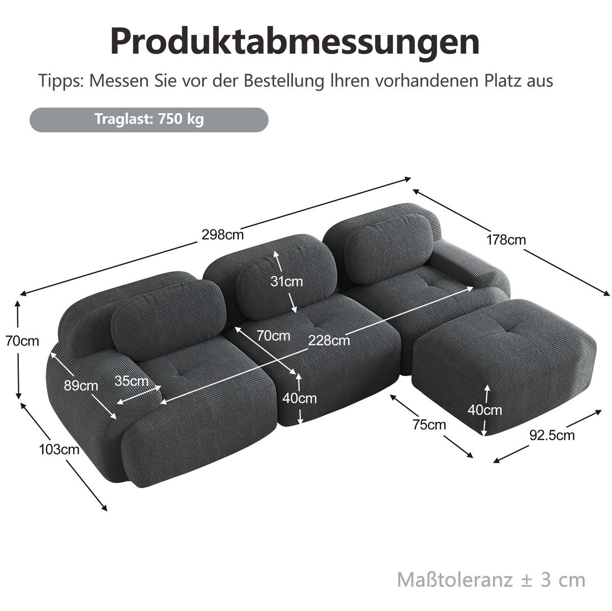 ECKSOFA 298/178/70 cm in Grau aus Cordstoff, modular und montagefrei - Grau, Textil (178/298cm) - Flora Grace