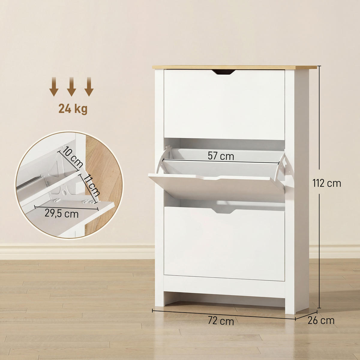 SCHUHSCHRANK DE-09795 3 Fächer für 18 Paar Schuhe Weiß + Braun - Weiß, Holzwerkstoff (72/112/26cm) - ComfortXL