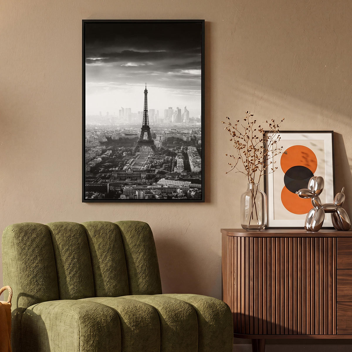 LEINWAND Bilder mit Rahmen - Paris - Skyline - Eiffelturm - Stadt - Wolken - 60x90 - Dunkelgrau, Textil (60/90cm) - MuchoWow