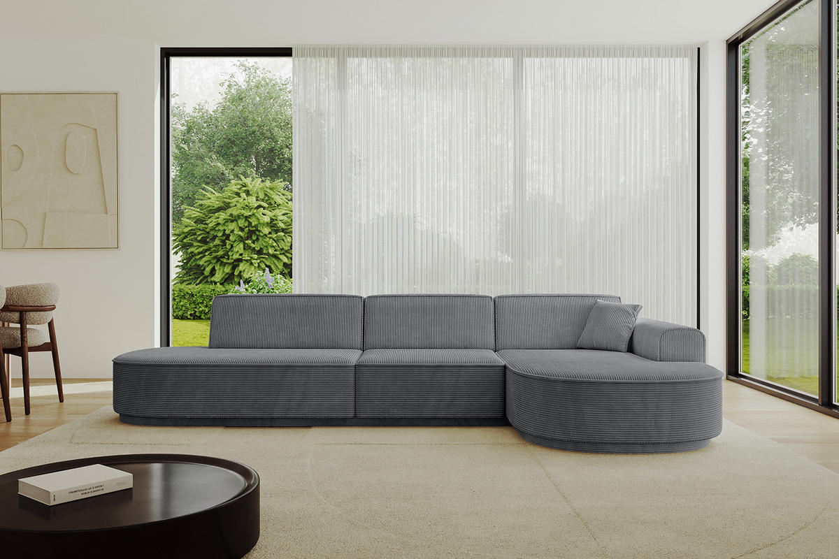 ECKSOFA Ottomane Rechts MARI-L2-v3 - 317x163x81 cm Dunkelgrau Cord - Dunkelgrau/Schwarz, Holzwerkstoff/Kunststoff (317/163cm) - ALTDECOR