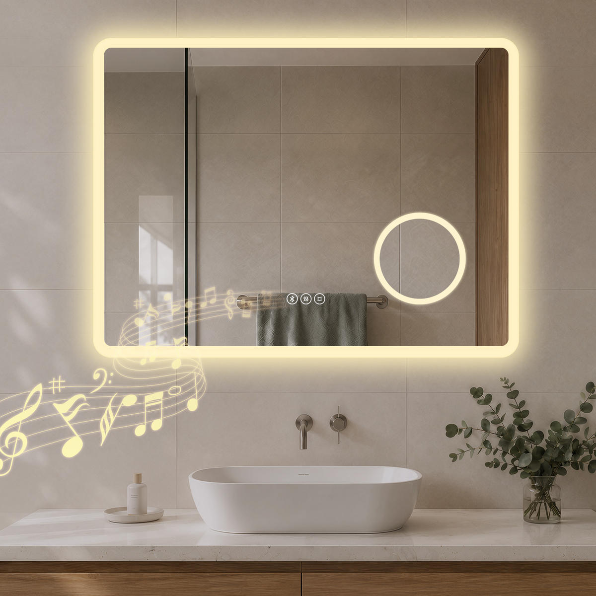 BADSPIEGEL mit Beleuchtung 60/80 cm rechteckig LED, Bluetooth, Vergrößerungsspiegel, Antibeschlag - Transparent, Glas (80/60/3.5cm) - S'AFIELINA