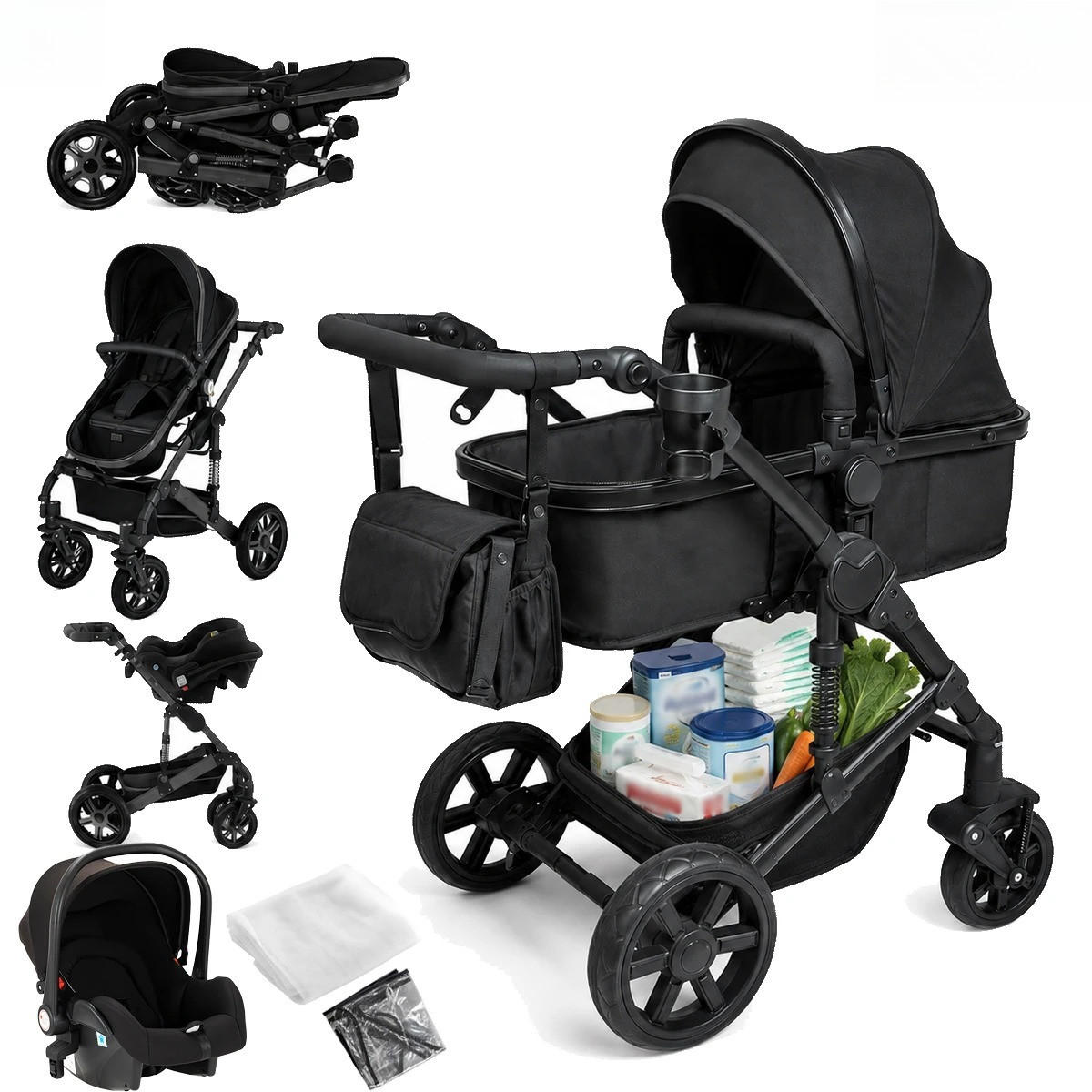 KINDERWAGENSET 3-in-1 mit Autositz, UV-Schutz, Schwarz - Schwarz, Metall (80/60cm) - Kaket