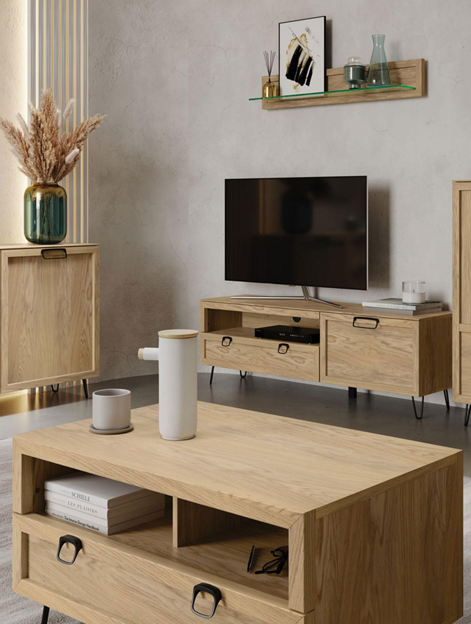 WOHNZIMMER-SET Limbo Eiche Artisan 3-teilig - Eiche Artisan/Braun, Holz/Metall (160/53/42cm) - Feldmann-Wohnen