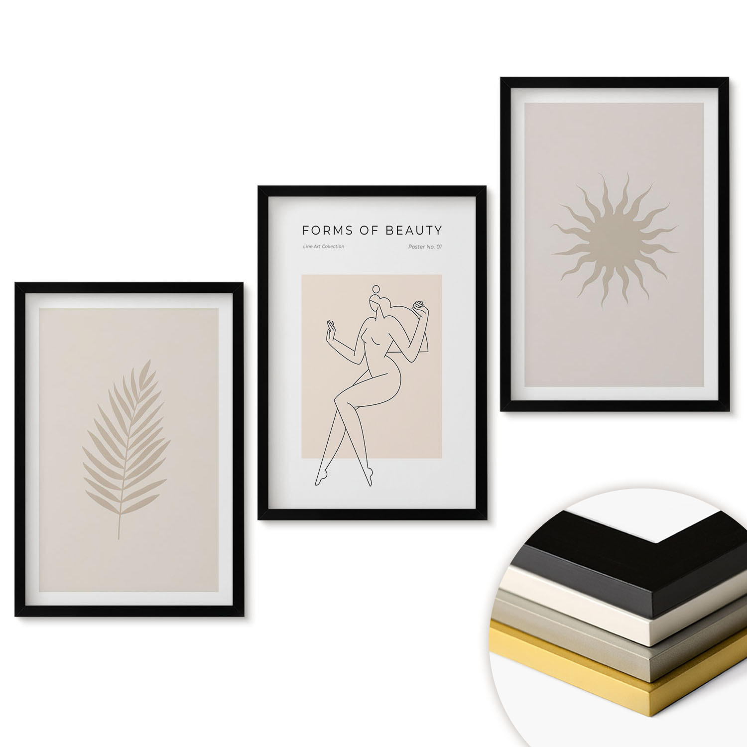 WANDBILDER 3er-Set - 40x60 cm Schwarzer Rahmen - Eine Sammlung minimalistischer Formen - Schwarz, Kunststoff (40/60cm) - ArtPrintCave