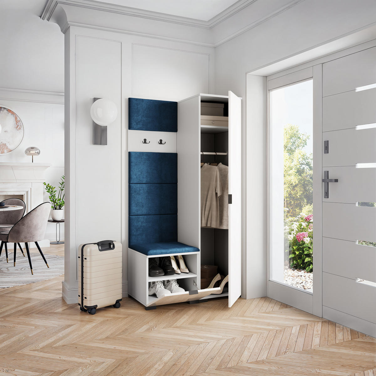 GARDEROBENSCHRANK LORI 95/181/51 cm Modern Garderobe-Set Weiß - Blau/Weiß, Holzwerkstoff (95/181/51cm) - MASSENO