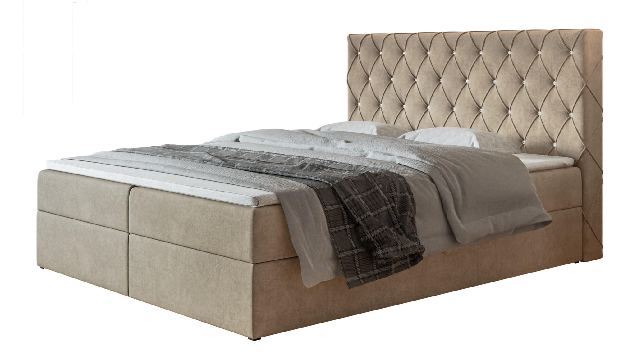 BOXBETT BOSTON mit 2 Bettkästen, 140x200, Farbe: Sand, Velourstoff, Doppelbett mit Bonell-Matratze - Sahara, Holz/Kunststoff (140/200cm) - Alpi-Möbel