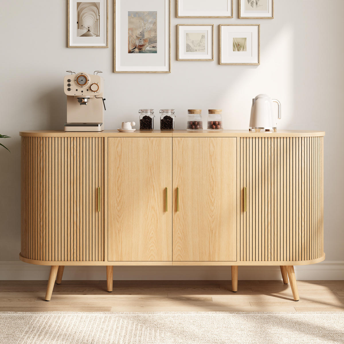 SIDEBOARD Schiebetüren Rillenoptik Metallgriffe Gebogenes Design - Naturfarben, Holzwerkstoff (150/79/40cm) - FLIEKS