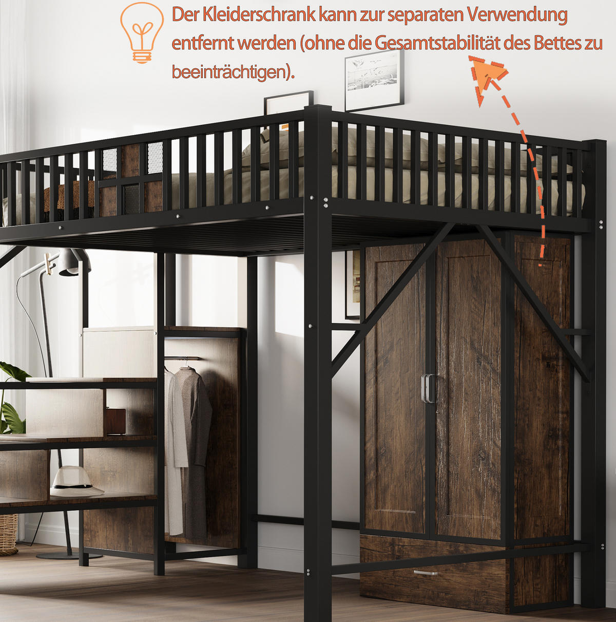 HOCHBETT 140/200 cm aus Metall und Holz mit Stauraumleiter und Kleiderschrank - Schwarz, Metall (140/200cm) - BEAOK