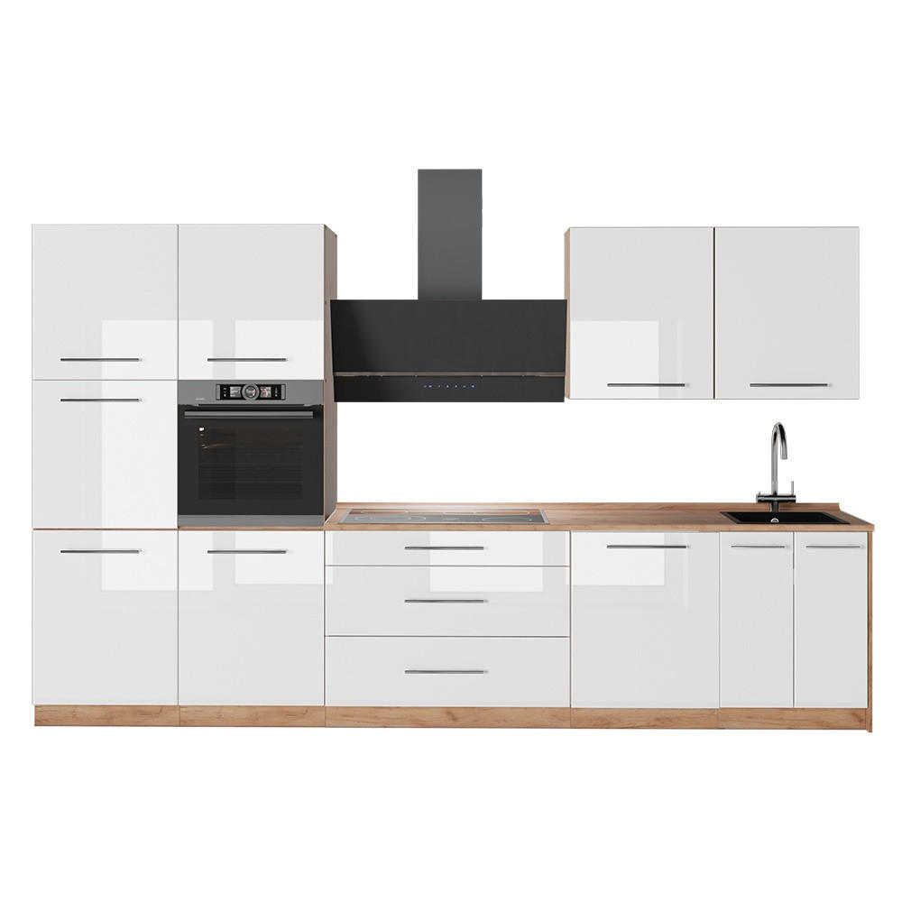 KUCHYNKA Fame-Line, Biely vysoký lesk/Dub Goldkraft, 340 cm, AP Oak - biela s vysokým leskom/dub medový, kompozitné drevo (340/206.8/60cm) - Vicco