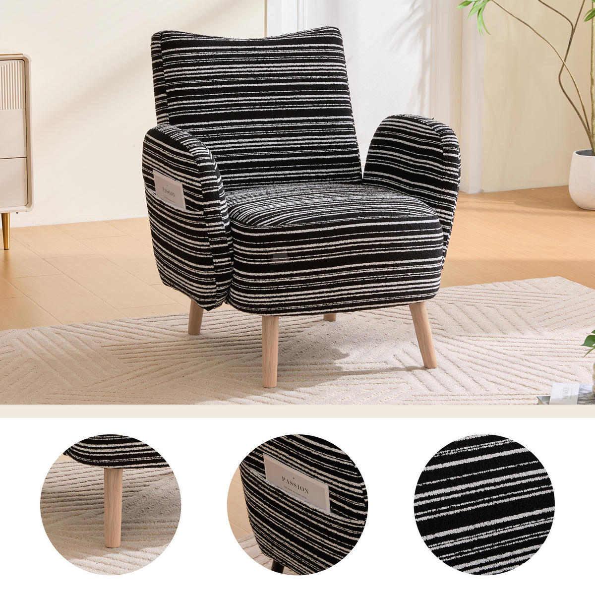 KŘESLO látka bouclé, moderní, s boční kapsou a dřevěnými nohami - černá, textil (77/87/81cm) - Urban Meuble