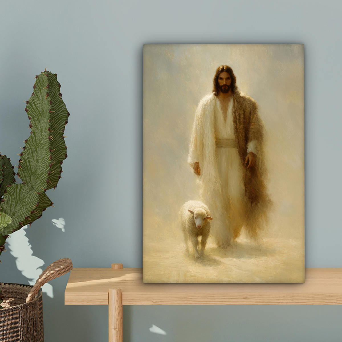 LEINWANDBILD Schaf - Jesus - Pinselstriche - Abstrakt Deko Wohnzimmer 20x30 cm - Sandfarben, Textil (20/30cm) - MuchoWow