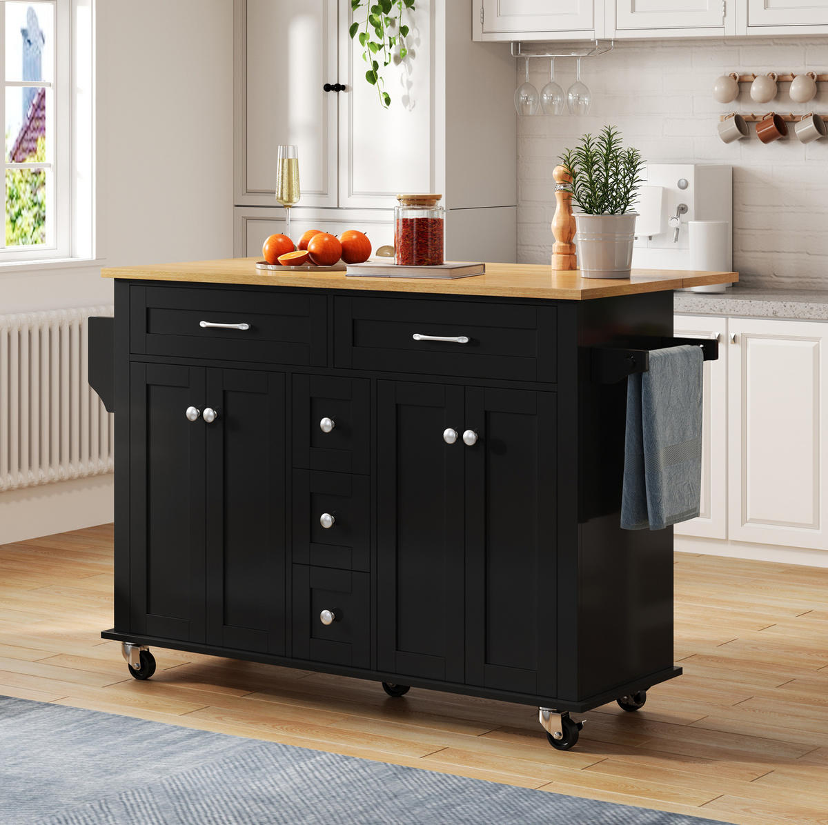 KÜCHENINSELWAGEN 140x65x89cm Schwarz mit ausklappbarer Platte, Schubladen & 5 Rollen - Schwarz, Holzwerkstoff (140/89/65cm) - Modfu