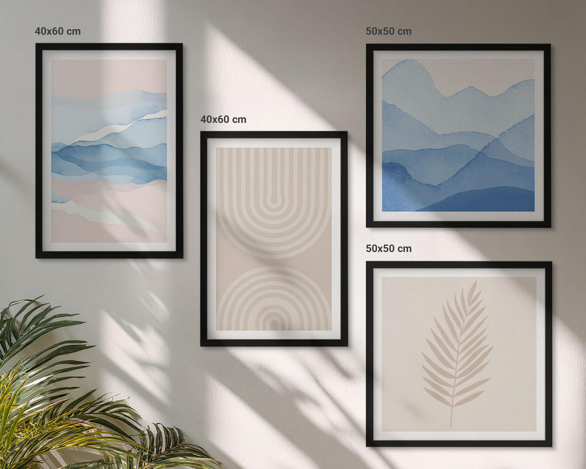 WANDBILDER 4er-Set - 50x50 cm & 40x60 cm Schwarzer Rahmen - Blätterwellen beige blau - Schwarz, Kunststoff (50/50cm) - ArtPrintCave