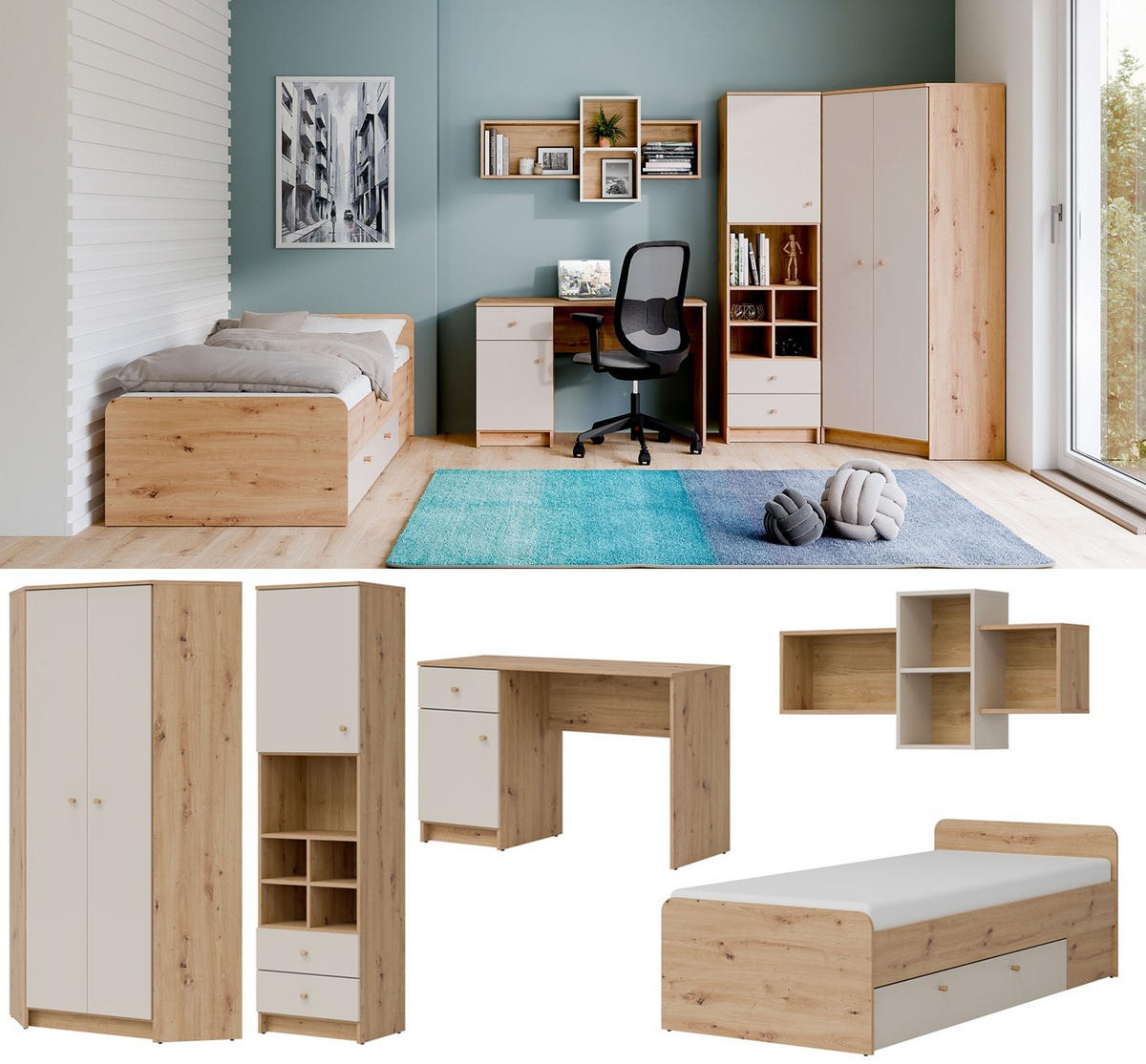 JUGENDZIMMER Trey Set A - 5-teilig - Kaschmir/Eichefarben, Holz/Holzwerkstoff (82/188/82cm) - QMM TraumMöbel