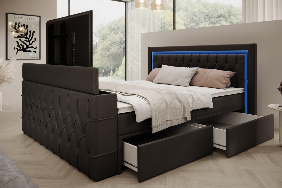 BOXSPRINGBETT Arosa TV mit Schubladen und Topper, TV-Lift, LED Beleuchtung, Kunstleder, 180x200 cm, Schwarz - Schwarz, Holz - PROMETO Möbel