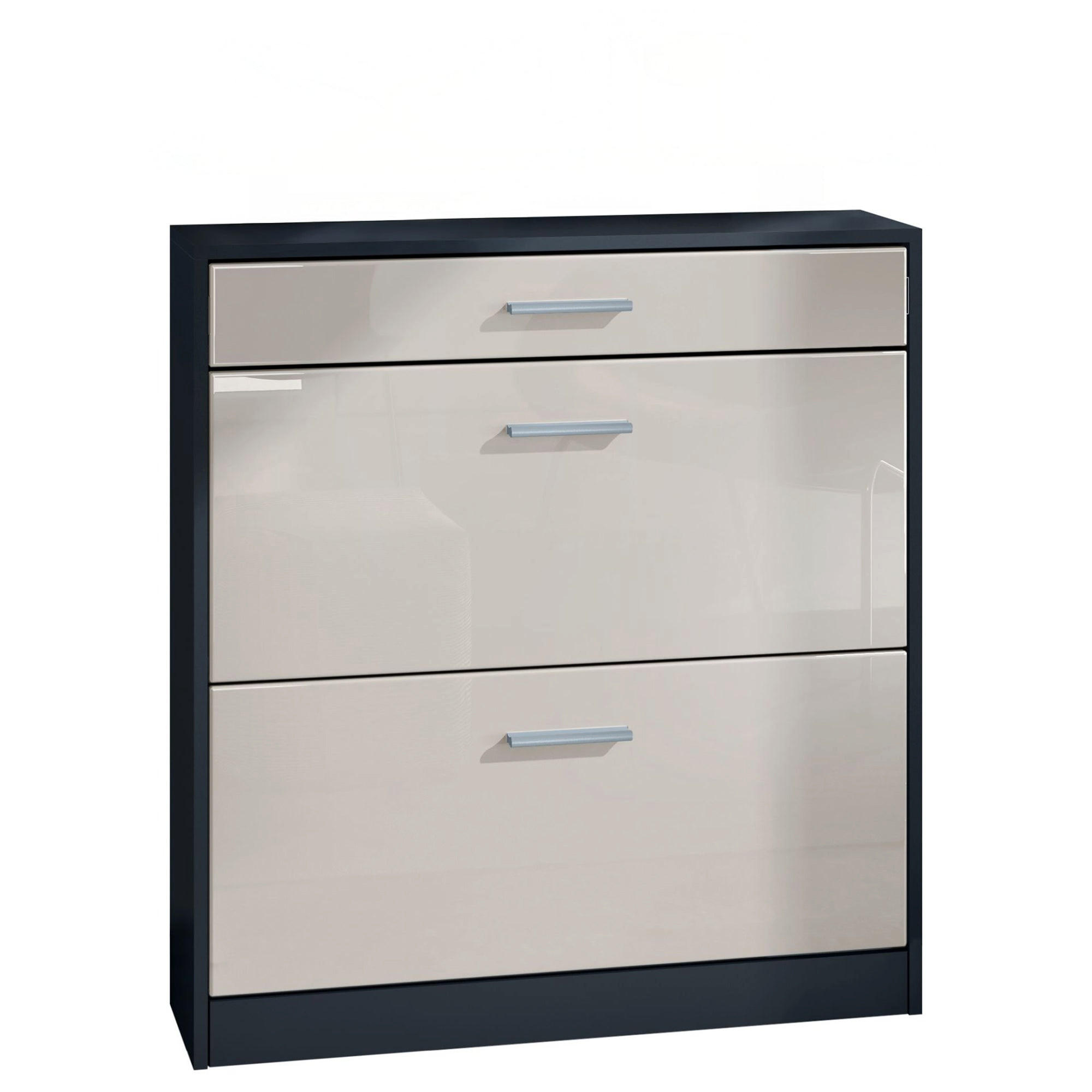 SCHUHSCHRANK Roma Schmal mit 2 Klappen und 1 Schublade, Platzsparender Schuhkipper, Schwarz/Sandgrau Hochglanz (89 x 95,5 x 23 cm) - Beige, Holzwerkstoff (89/95.5/23cm) - InnoFurn