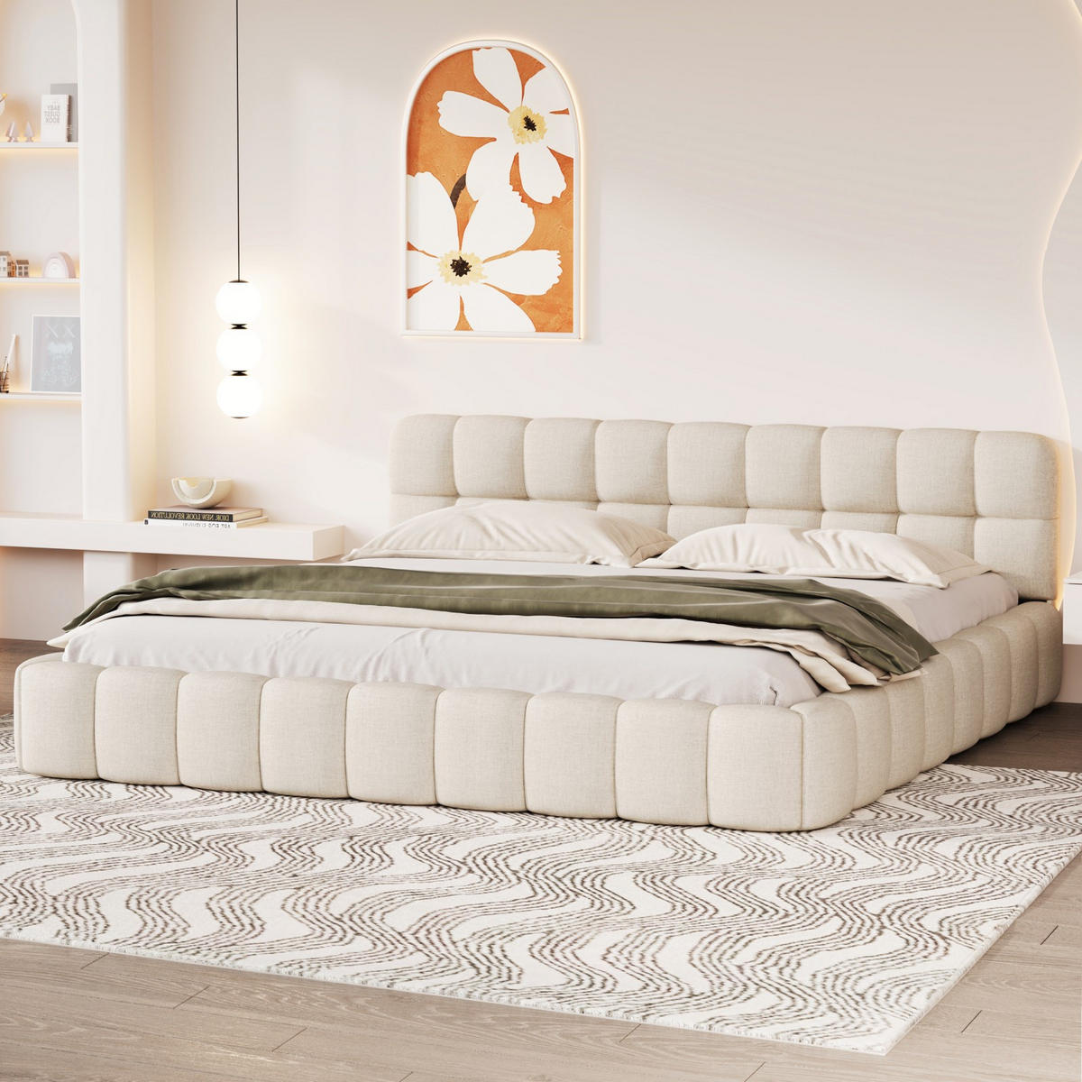 POLSTERBETT 160x200 cm Fleur Soft mit Blumenrand-Design und weicher Rückenlehne, Leinen-Optik Beige - Beige, Textil (160/200cm) - DELFA