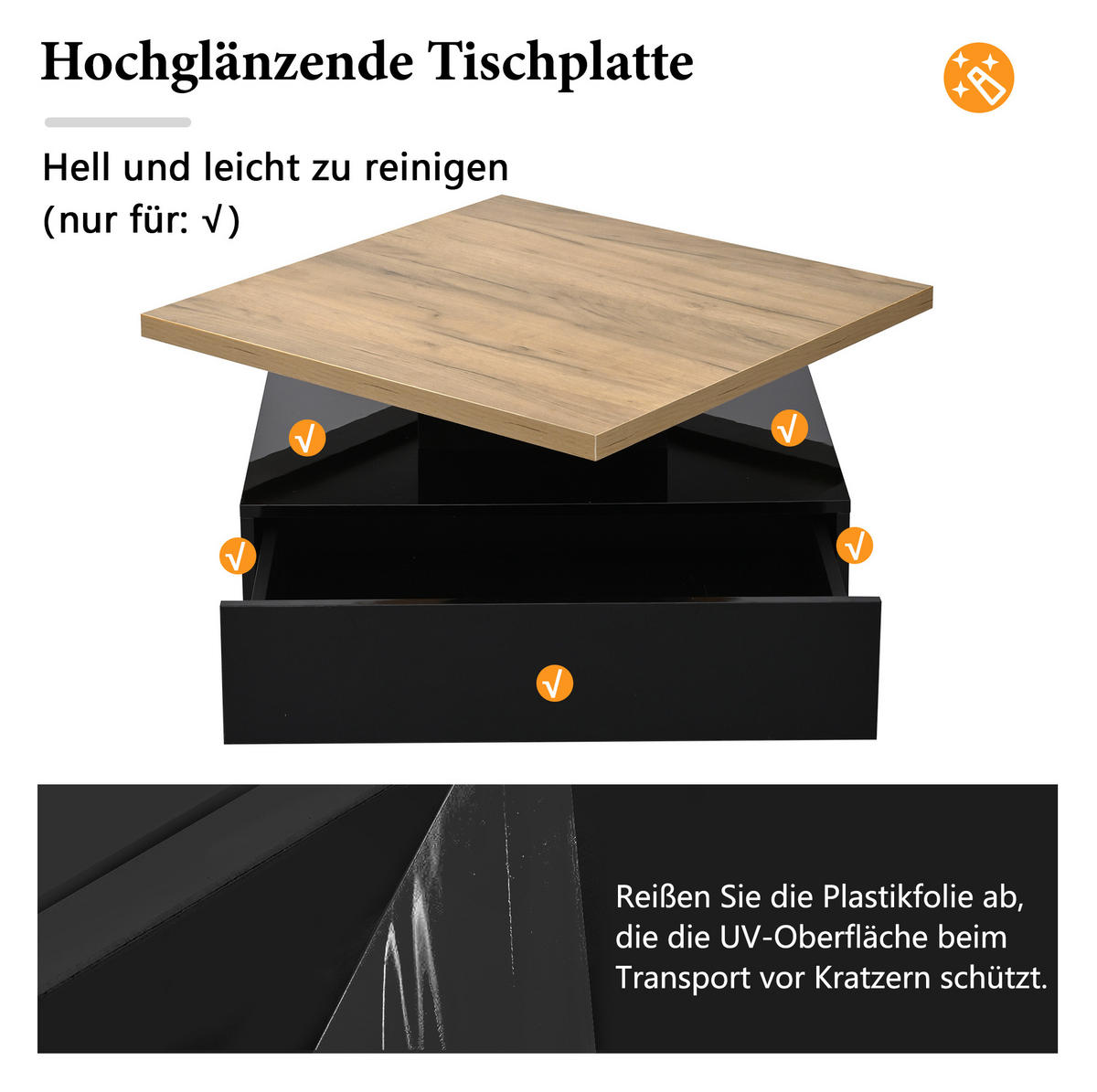 COUCHTISCH 70/70/36 cm Walnuss Schwarz 360° drehbar mit Schublade aus Spanplatte - Schwarz, Holzwerkstoff (70/70/36cm) - OKWISH