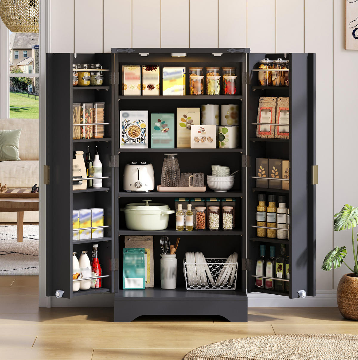 ANRICHTE 120/60,5/40 cm in Schwarz mit LED-Beleuchtung und verstellbaren Böden - Schwarz, Holzwerkstoff (60.5/120/40cm) - Flora Grace