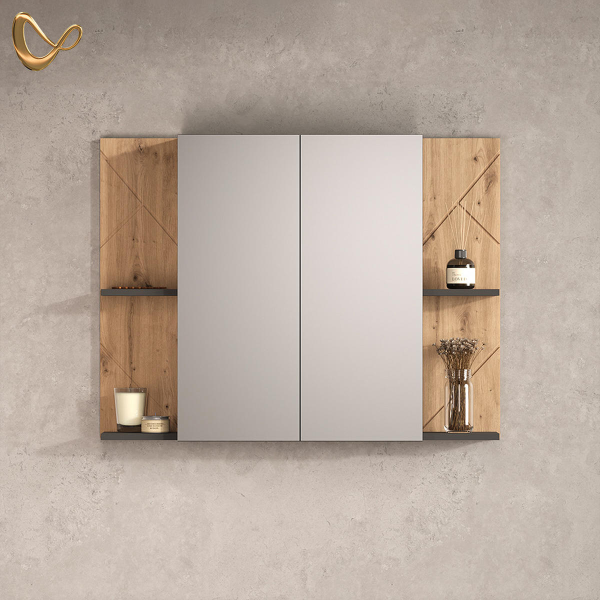 BADSPIEGELSCHRANK Ronco, Anthrazit/Artisan-Eiche, 100 x 75 cm mit 2 Türen - Anthrazit/Eiche Artisan, Holzwerkstoff (100/75/17.2cm) - Livinity®