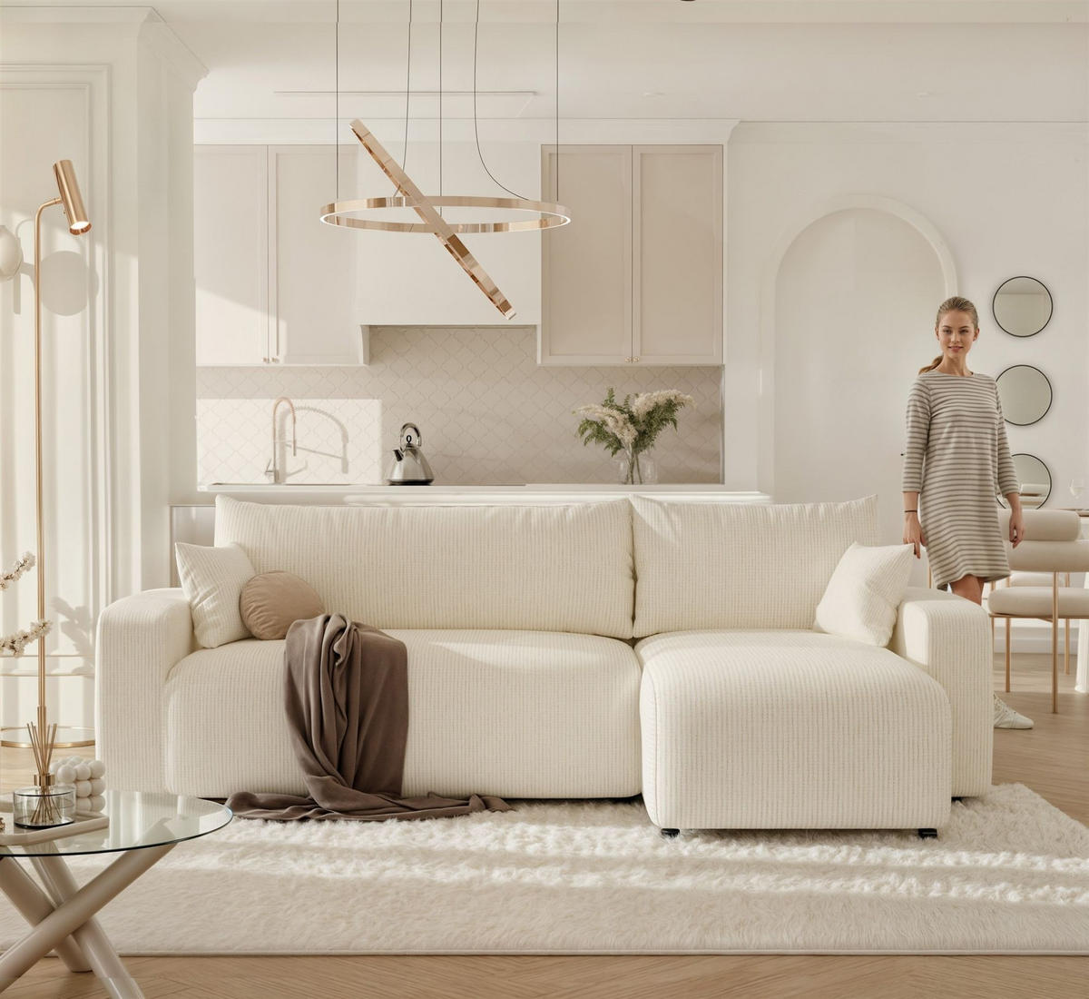 ECKSOFA Luna Mit Schlaffunktion - Creme, Holzwerkstoff/Textil (145/248cm) - Fun Möbel