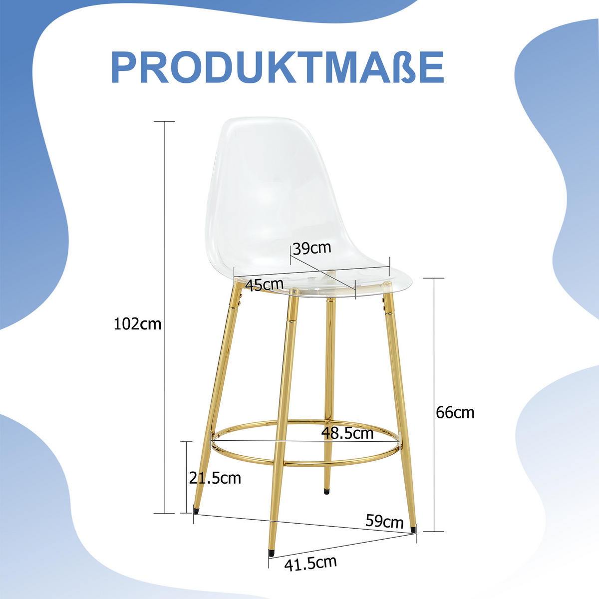 BARHOCKER 2er-Set Transparent und Gold mit Rückenlehne und Fußring - Goldfarben, Metall (48.5/102/48.5cm) - PANGIVO