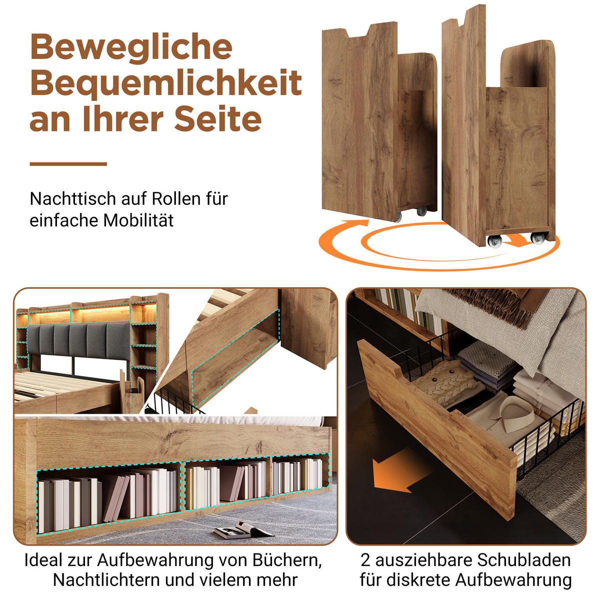 DOPPELBETT 180/200 cm mit LED-Beleuchtung, USB- und USB-C-Anschlüssen, Stauraum und Rollschubladen, Eichefarben - Eichefarben, Holzwerkstoff (180/200cm) - Redom