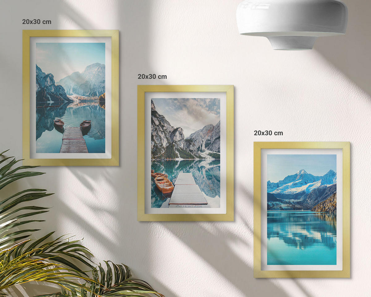 WANDBILDER 3er Set - 20x30 cm Goldrahmen - Spiegelung der Boote auf Bergseen - Goldfarben, Kunststoff (20/30cm) - ArtPrintCave