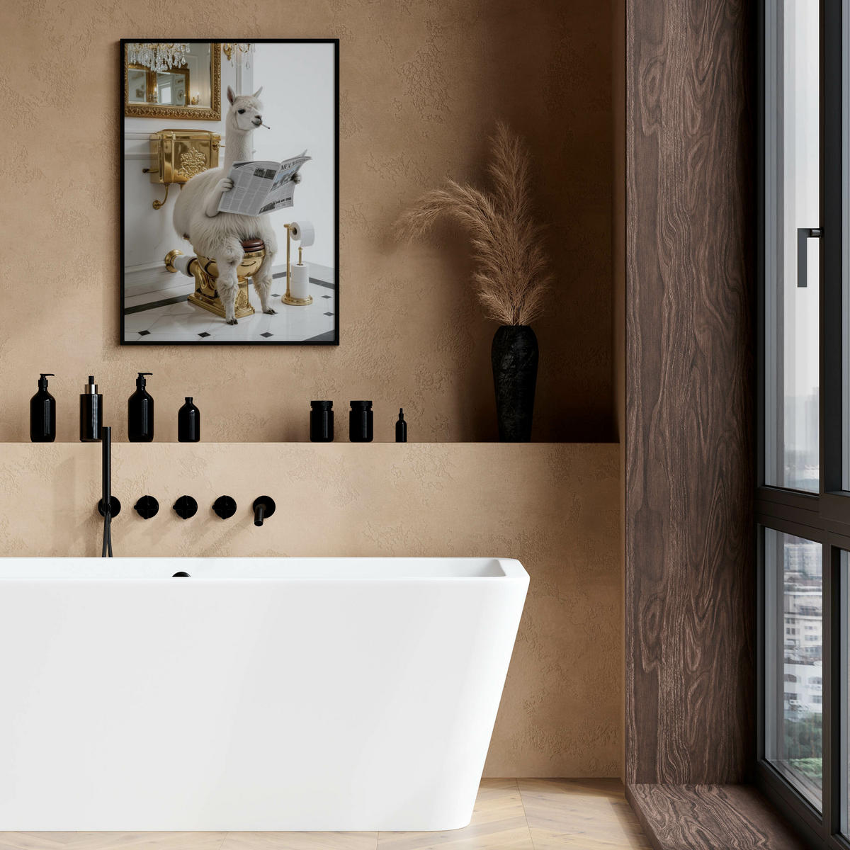 POSTER für Badezimmer WC LAMA mit Zeitung auf Toilette Glamour Abstraktion 50x70cm - Gelb/Beige, Papier (50/70/70cm) - Muralo