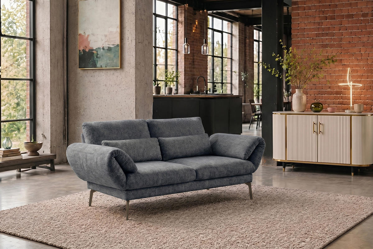 SOFA HOLLY Anthrazit Flachgewebe - Anthrazit/Braun, Textil/Metall (176/90/92cm) - KAWOLA