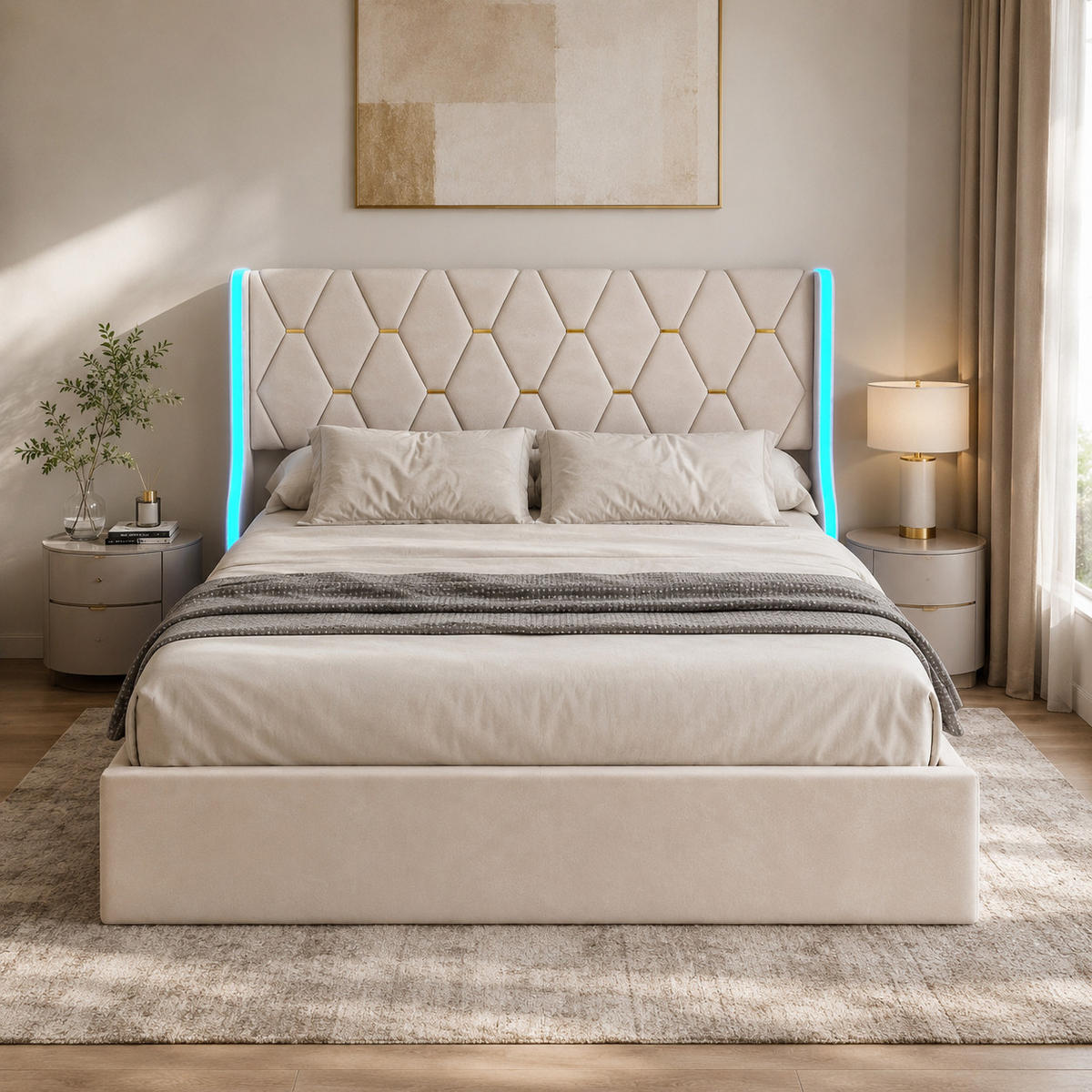 POLSTERBETT 140/200 cm mit LED-Beleuchtung & Hydraulik-Stauraum, Samt gepolstertes Steppkopfteil, Lattenrost inklusive - Beige, Holz/Metall (140/200cm) - Joyfair