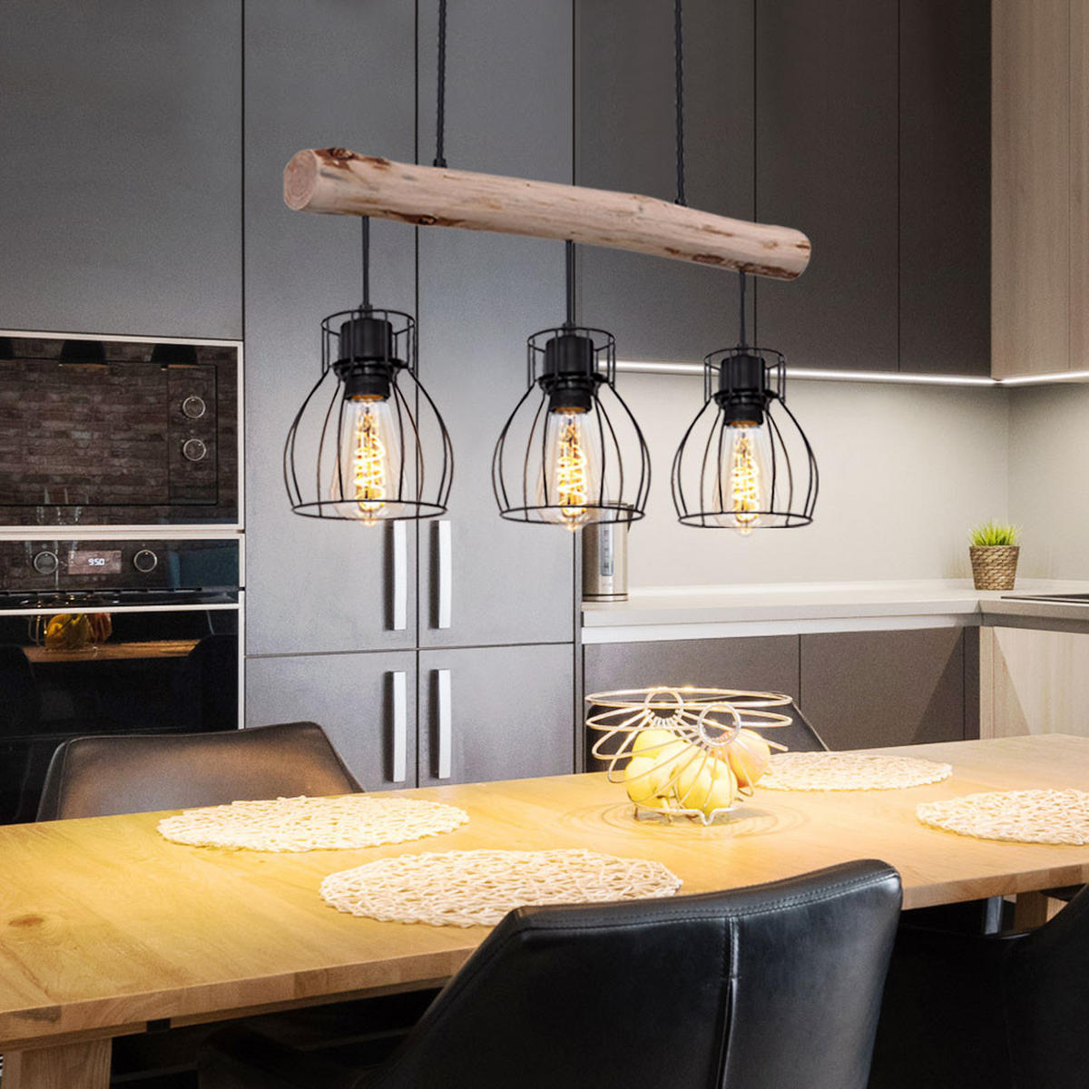 HÄNGELEUCHTE Käfig Design Schwarz Holz - Schwarz, Holz (60/13.6/140cm) - Globo Lighting