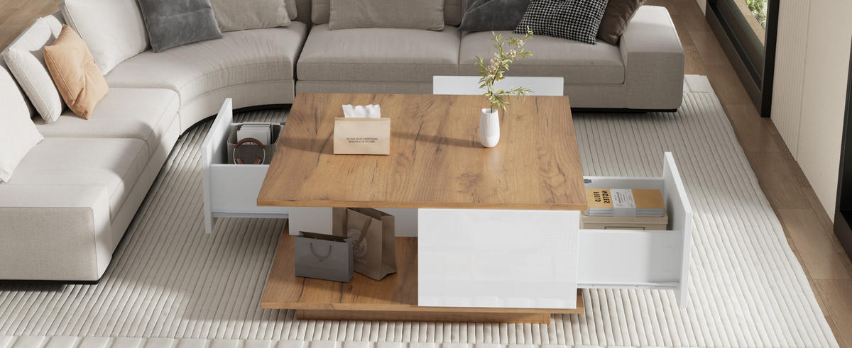 COUCHTISCH 70/70/31,5 cm Weiß walnussfarben aus Holzwerkstoff mit 3 Schubladen und Hochglanzfronten - Walnussfarben, Holzwerkstoff (70/70/31.5cm) - OKWISH