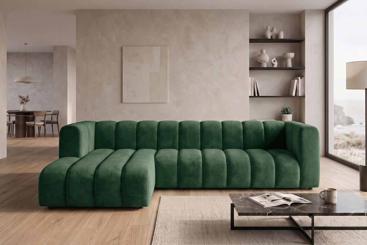 ECKSOFA Modulares In L-Form, Velvet-Stoff Riviera, Grün, Links, GRAND 318 cm - Grün, Holz (318/179cm) - Kaiser Möbel