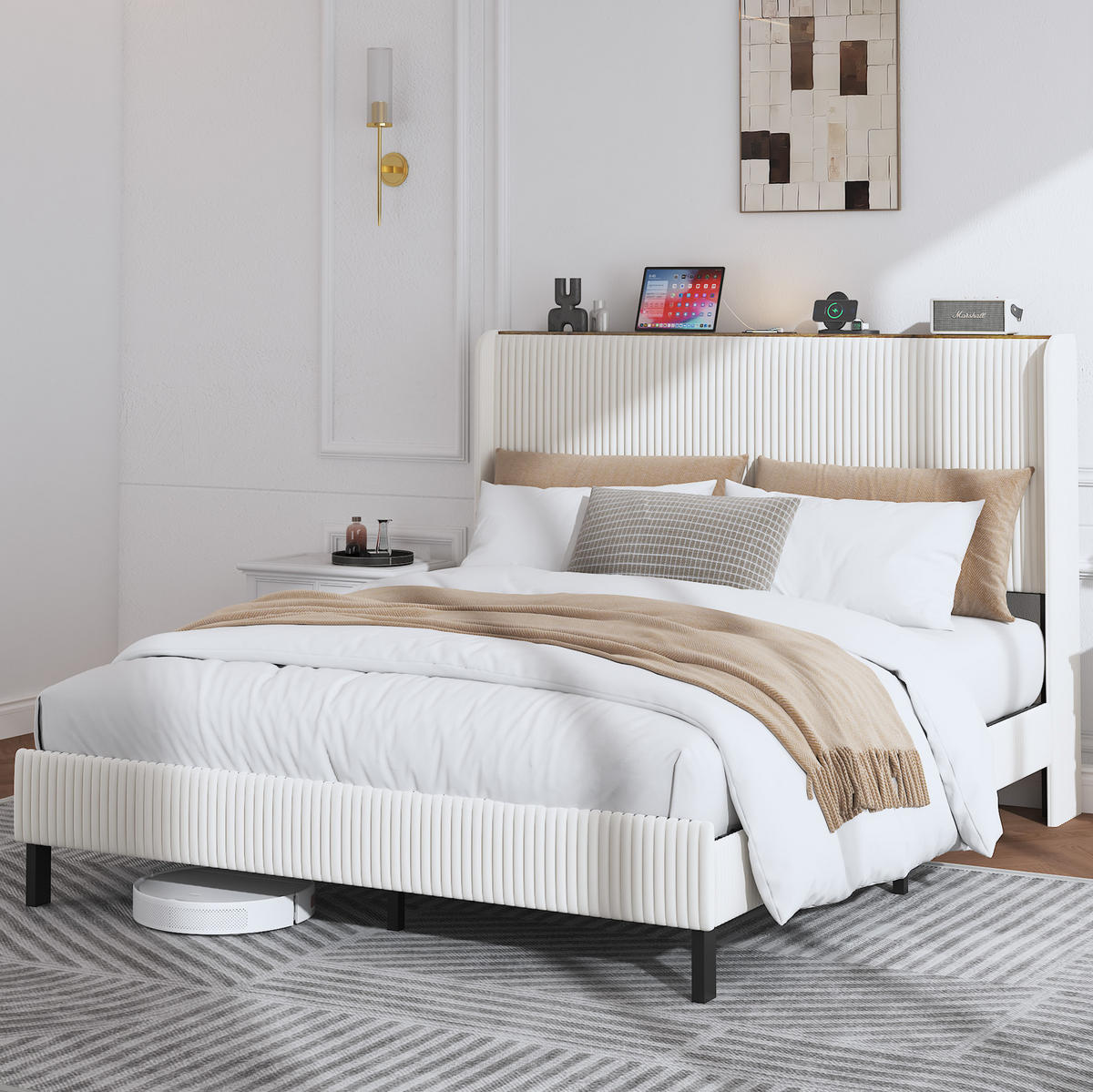 POLSTERBETT 160/200 cm mit geräuscharmem Metallrahmen und Cordbezug, Beige, Creme - Creme, Textil (160/200cm) - Redom
