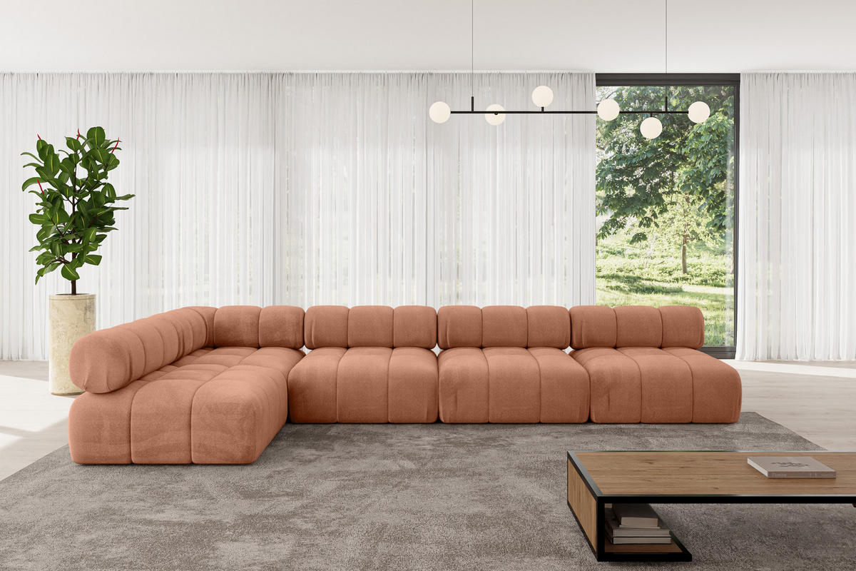 ECKSOFA modulares Sofa Samaro-L3 - 380x190x70 cm Apricot Velours - Koralle, Holzwerkstoff/Textil (380/190cm) - ALTDECOR
