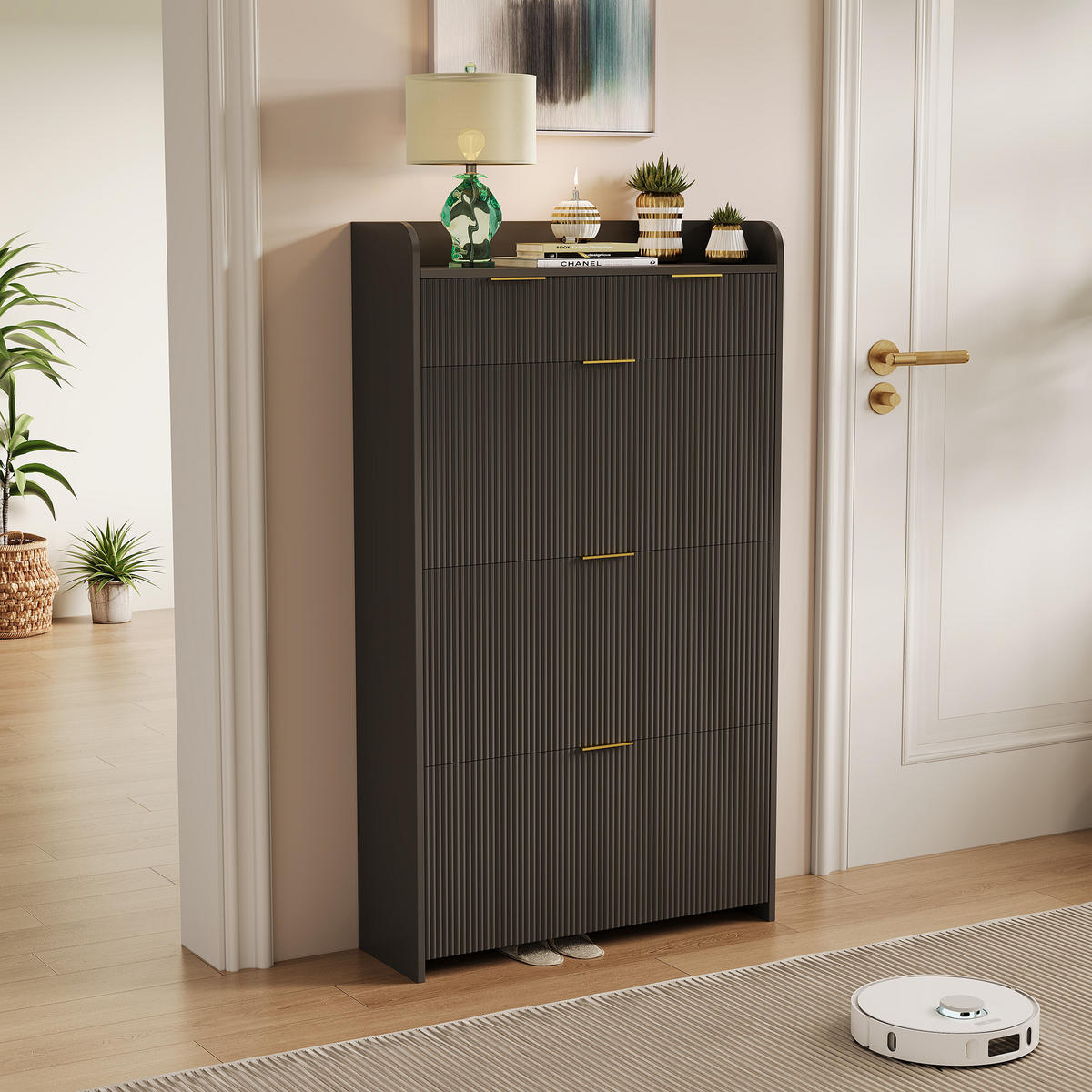SCHUHSCHRANK 4 Klappen mit Schublade, modernes Schuhregal für Flur - Schwarz, Holz (77.1/133.5/24.2cm) - Joyfair