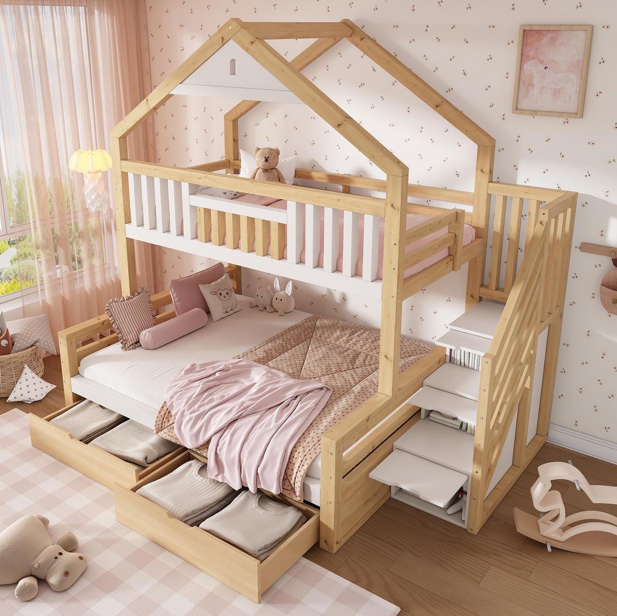 ETAGENBETT Holz 140x200 cm Weiß & Eiche mit Treppenschrank, 2 Schubladen und Giebeldach - Weiß, Holz (140/200cm) - Modfu