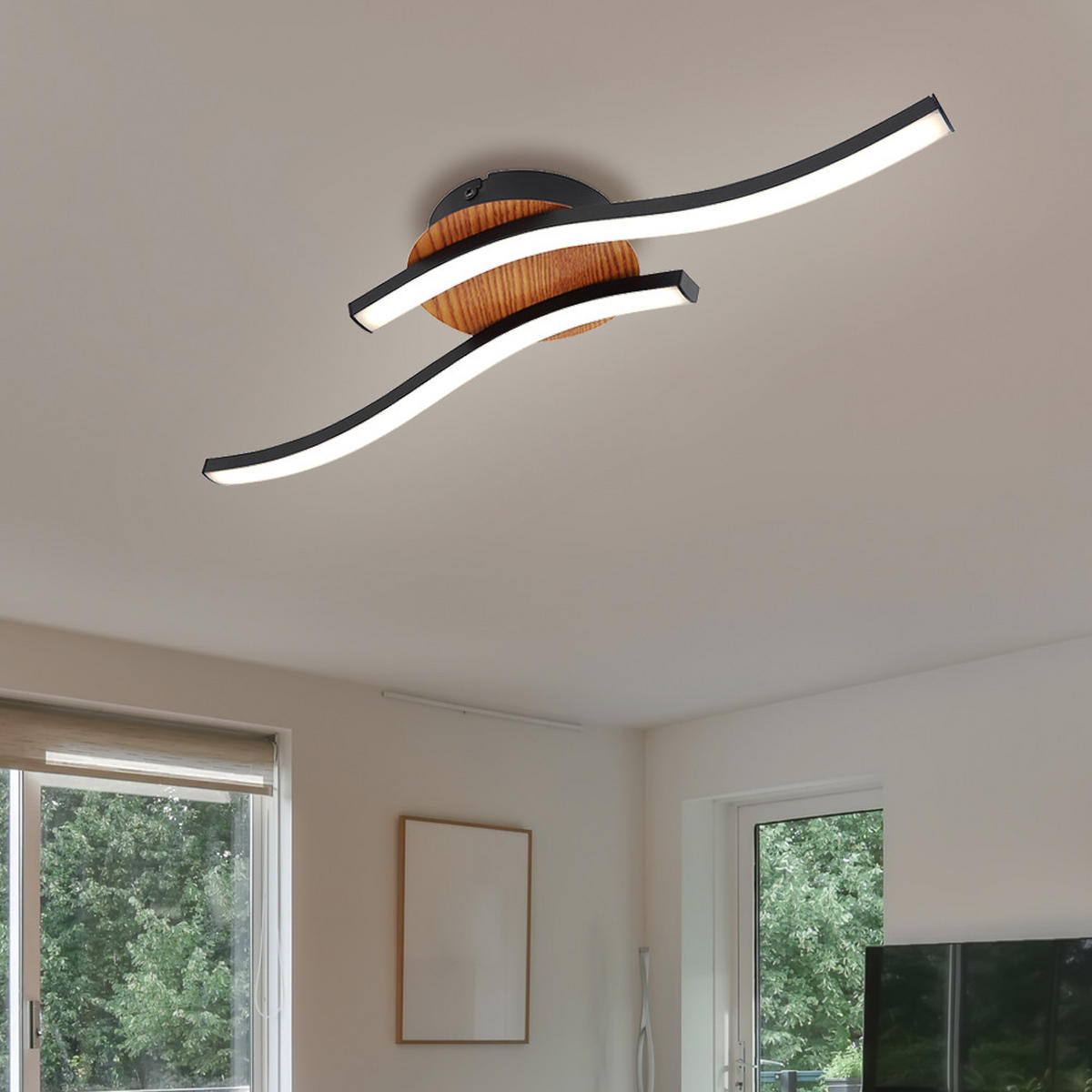 LED DECKENLEUCHTE Holzoptik Schwarz 2 flammig - Schwarz, Metall (51/13/7.5cm) - Globo Lighting