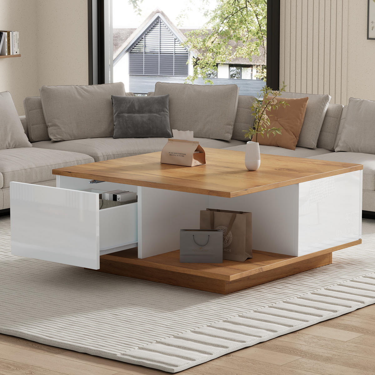 COUCHTISCH 70/70/31,5 cm Weiß walnussfarben aus Holzwerkstoff mit 3 Schubladen und Hochglanzfronten - Walnussfarben, Holzwerkstoff (70/70/31.5cm) - OKWISH