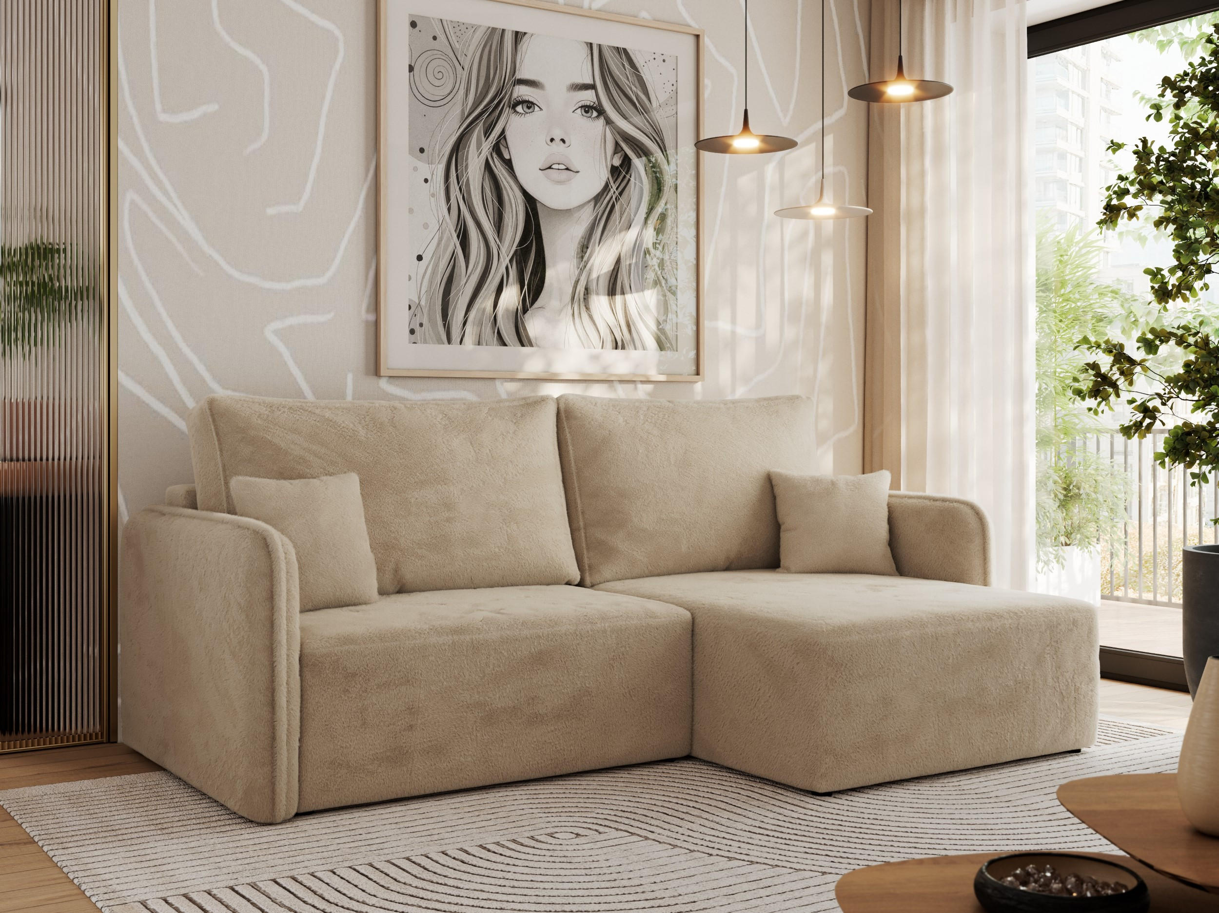 ECKSCHLAFSOFA MESTO L Beige Plüsch - rechts - Beige/Schwarz, Kunststoff/Textil (147/227cm) - MKS