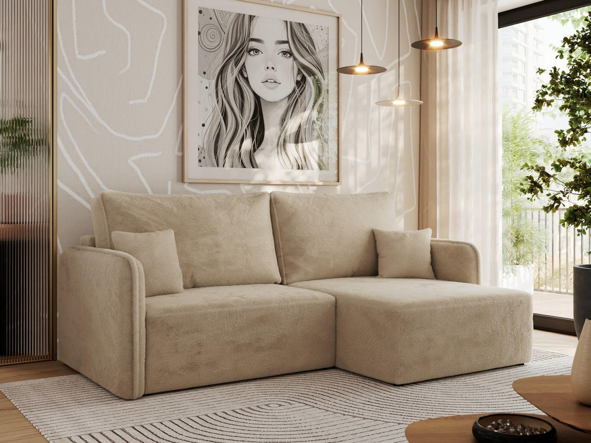 ECKSCHLAFSOFA MESTO L Beige Plüsch - rechts - Beige/Schwarz, Kunststoff/Textil (147/227cm) - MKS