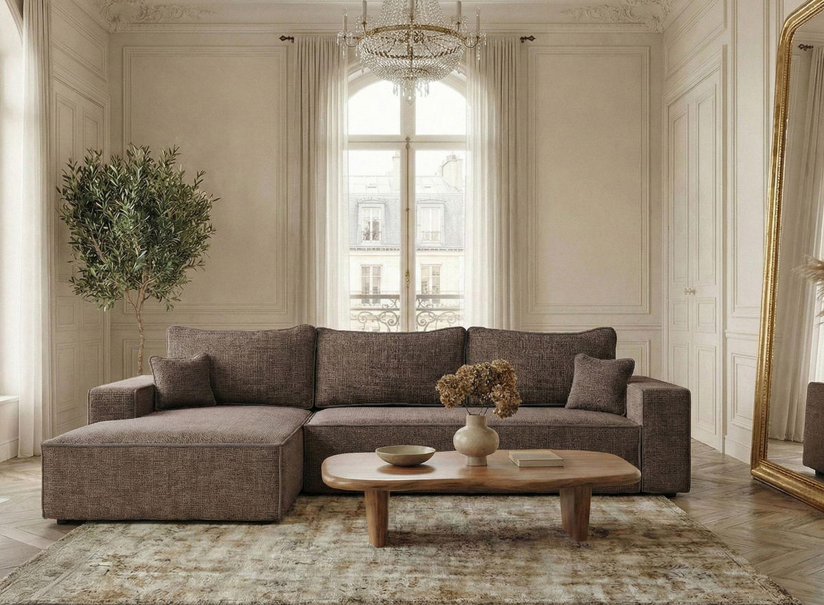 ECKSOFA MIT SCHLAFFUNKTION Modo Hellbraun Chenille-Stoff - Links Seite - Schwarz/Braun, Holz/Holzwerkstoff (185/294cm) - Maison de Reve