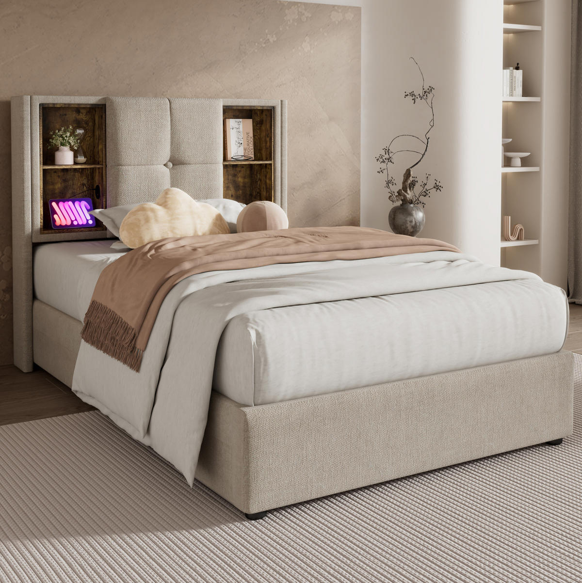 BETT mit Stauraum und Ladestation 90x200 cm Linen Natural - Braun, Metall (90/200cm) - Meubliv
