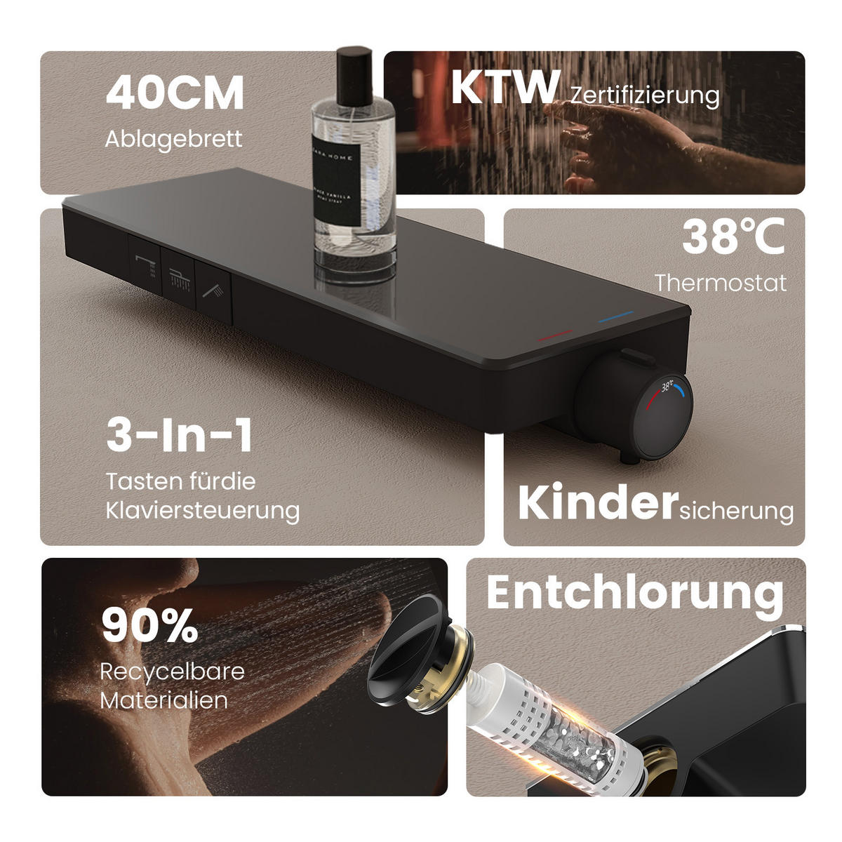ÜBERKOPFBRAUSESET mit Thermostat Drei Wasserauslassmethoden Schwarz - Schwarz, Metall (13.5/106/44.6cm) - EMKE