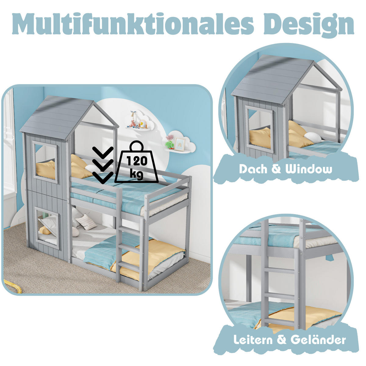 ETAGENBETT 90x200cm Grau Mit Leiter & Baldachin - Grau, Holzwerkstoff (90/200cm) - FLIEKS