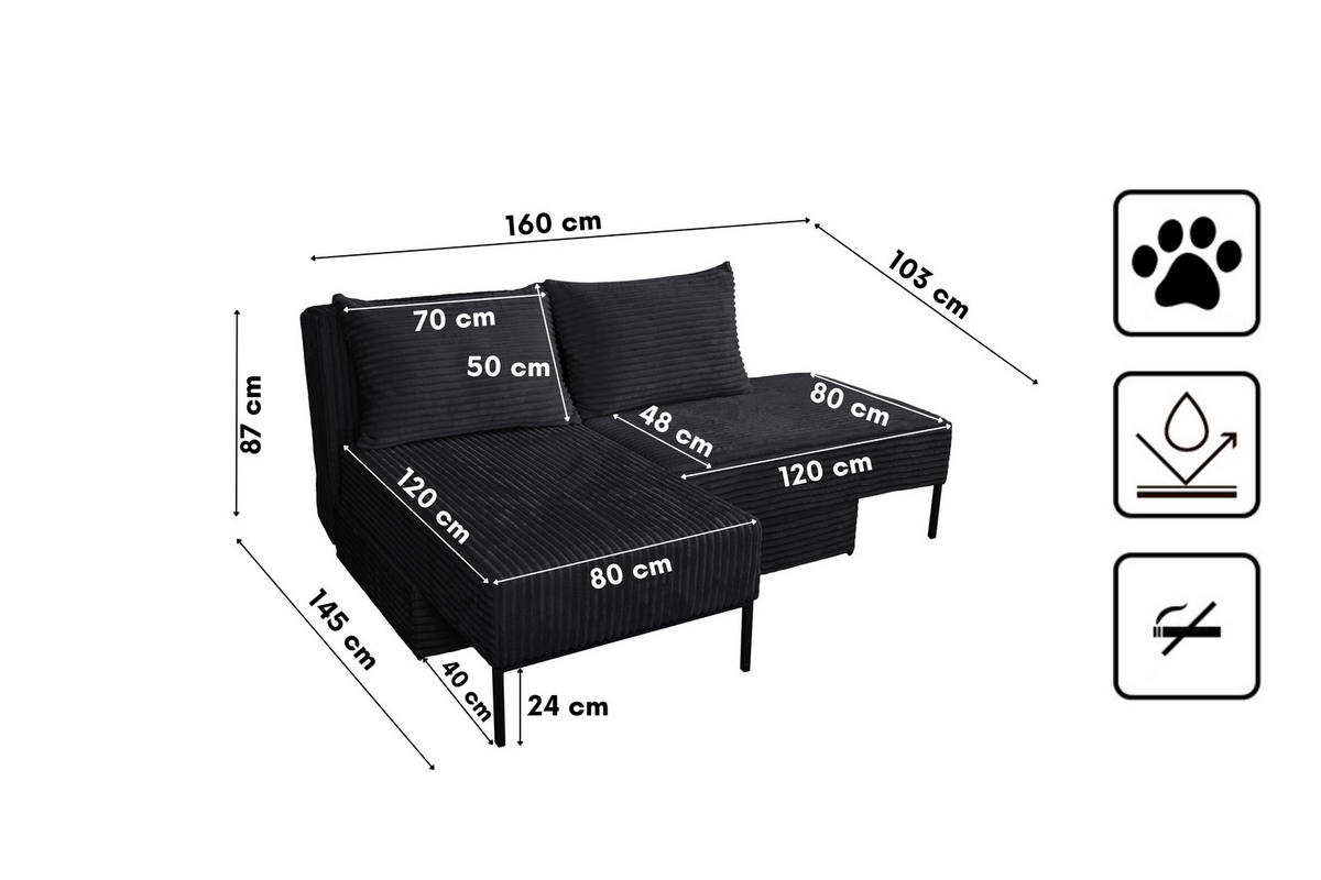 SOFA Mit Schlaffunktion MOOKA 4in1-Multifunktions-System Stoff Velo Schwarz - Schwarz, Holz/Textil (240/87/103cm) - Kaiser Möbel