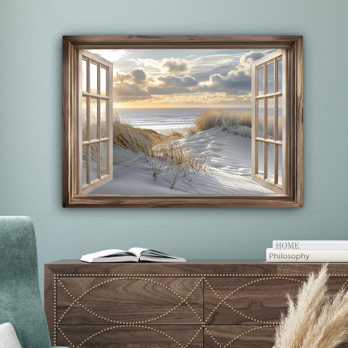 LEINWANDBILD Ausblick - Strand - Dünen - Meer - Natur Wandbilder 80x60 cm - Sandfarben, Textil (80/60cm) - MuchoWow